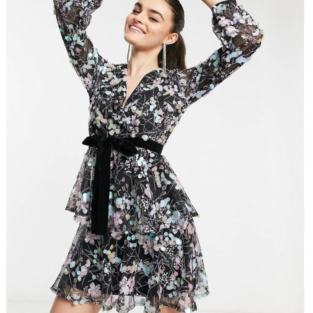 ModCloth Forever U Wrap Dress Multi Iridescent Pastel Sequins Size 2 $214 Fairy